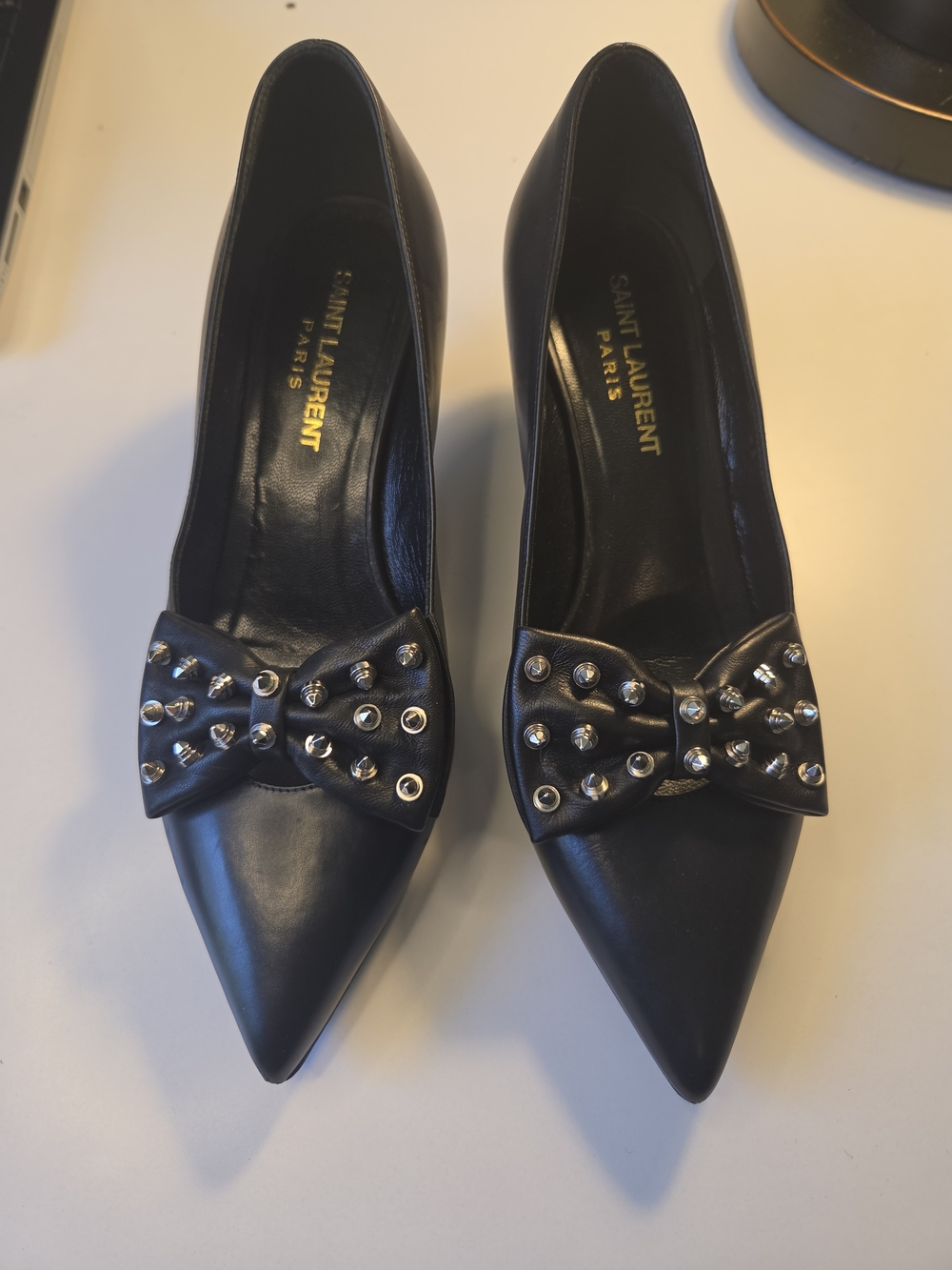Saint Laurent Black Leather Studded Bow Pointed-Toe Heels